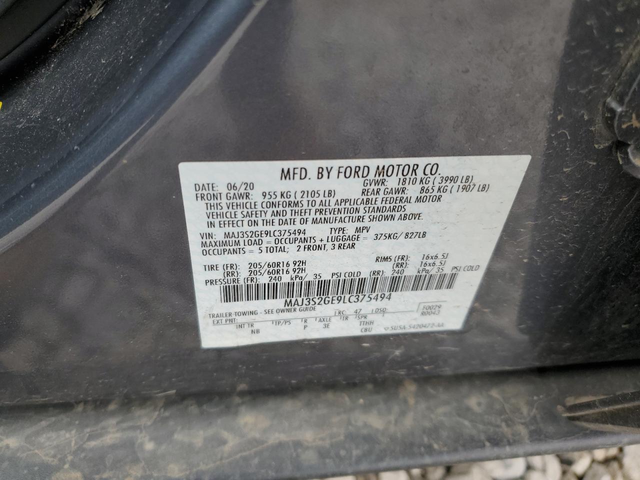 2020 Ford Ecosport Se VIN: MAJ3S2GE9LC375494 Lot: 64094495