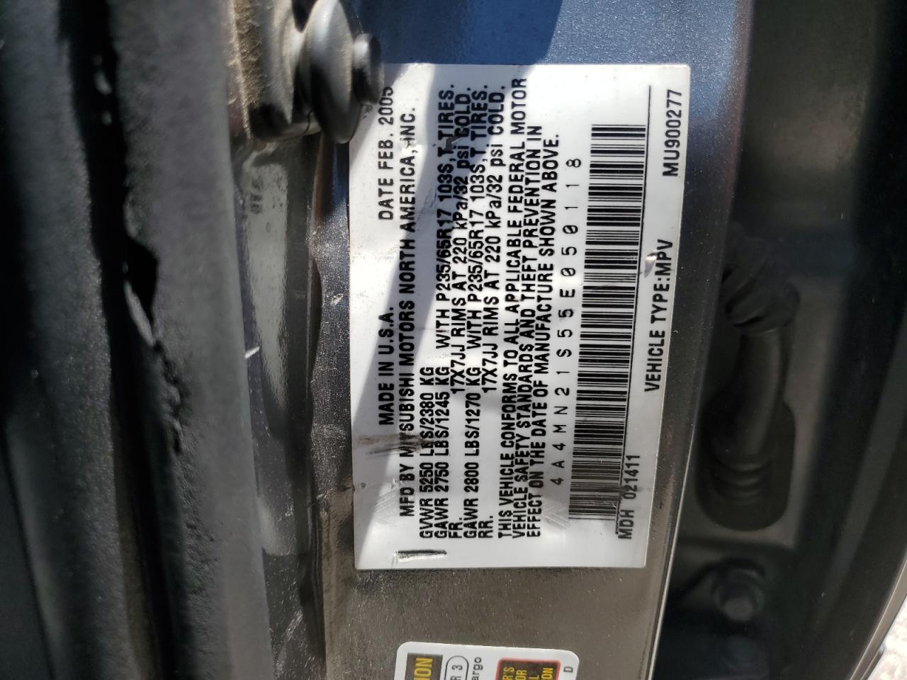 2005 Mitsubishi Endeavor Ls VIN: 4A4MN21S55E050118 Lot: 64250635