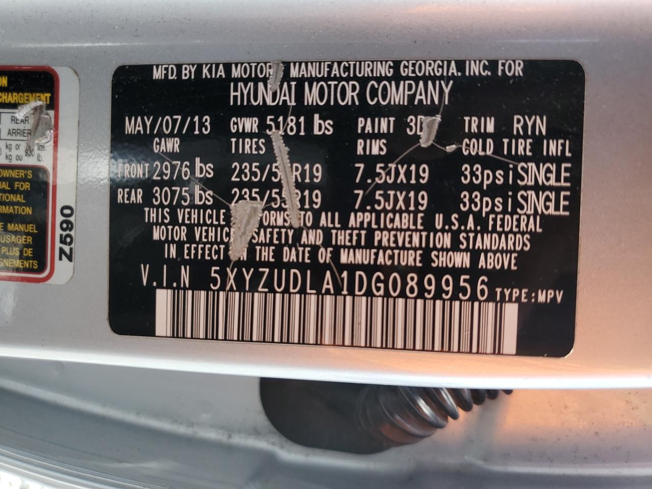 2013 Hyundai Santa Fe Sport VIN: 5XYZUDLA1DG089956 Lot: 63736935