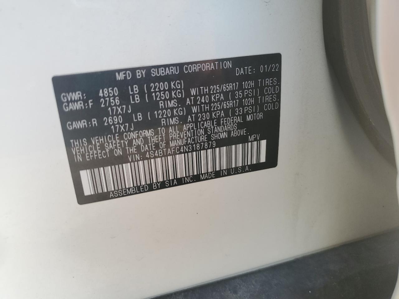 2022 Subaru Outback Premium VIN: 4S4BTAFC4N3187879 Lot: 64839995