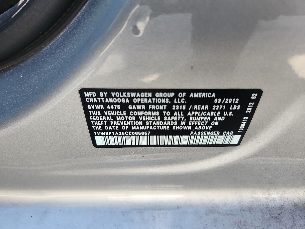 2012 Volkswagen Passat Se VIN: 1VWBP7A35CC065657 Lot: 65260895
