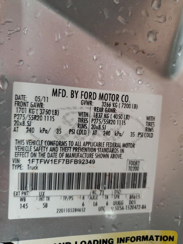2011 Ford F150 Supercrew VIN: 1FTFW1EF7BFB92349 Lot: 62731255