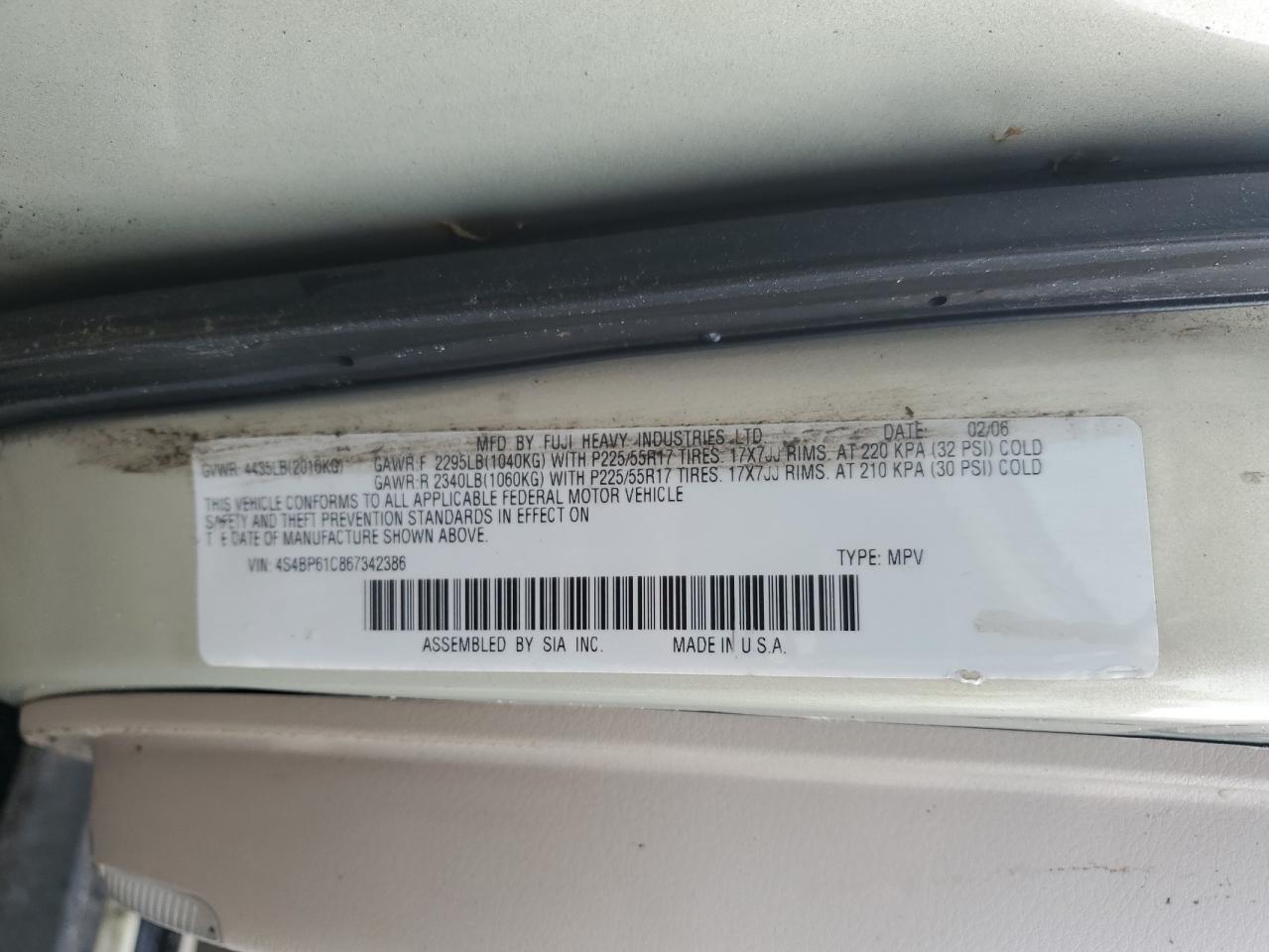 2006 Subaru Legacy Outback 2.5I VIN: 4S4BP61C867342386 Lot: 64168805