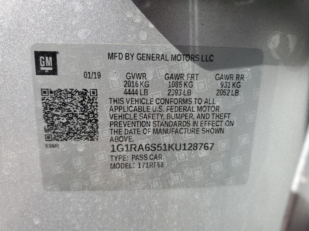 1g1ra6s51ku128767 1G1RA6S51KU128767 2019 Chevrolet Volt Lt