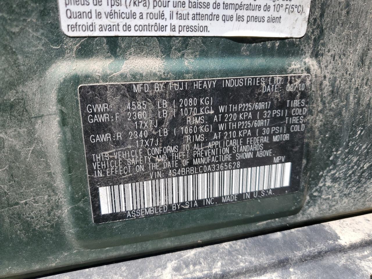2010 Subaru Outback 2.5I Limited VIN: 4S4BRBLC0A3365628 Lot: 63497665