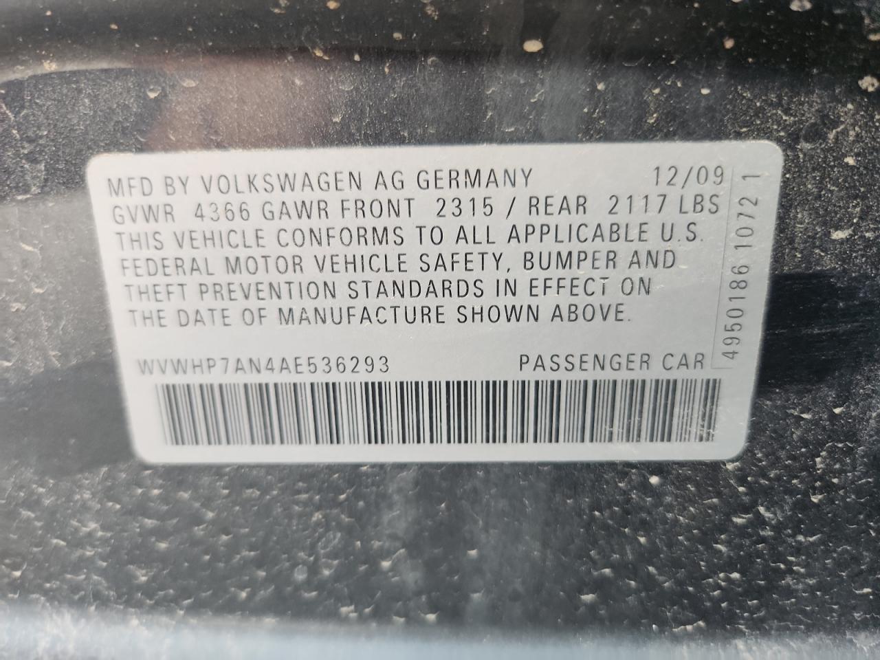 2010 Volkswagen Cc Luxury VIN: WVWHP7AN4AE536293 Lot: 65633395