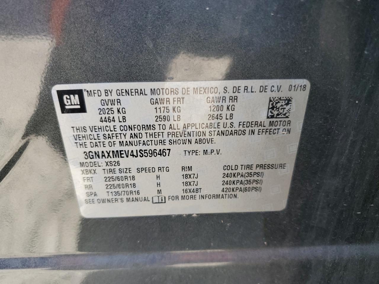 2018 Chevrolet Equinox Premier VIN: 3GNAXMEV4JS596467 Lot: 65011435