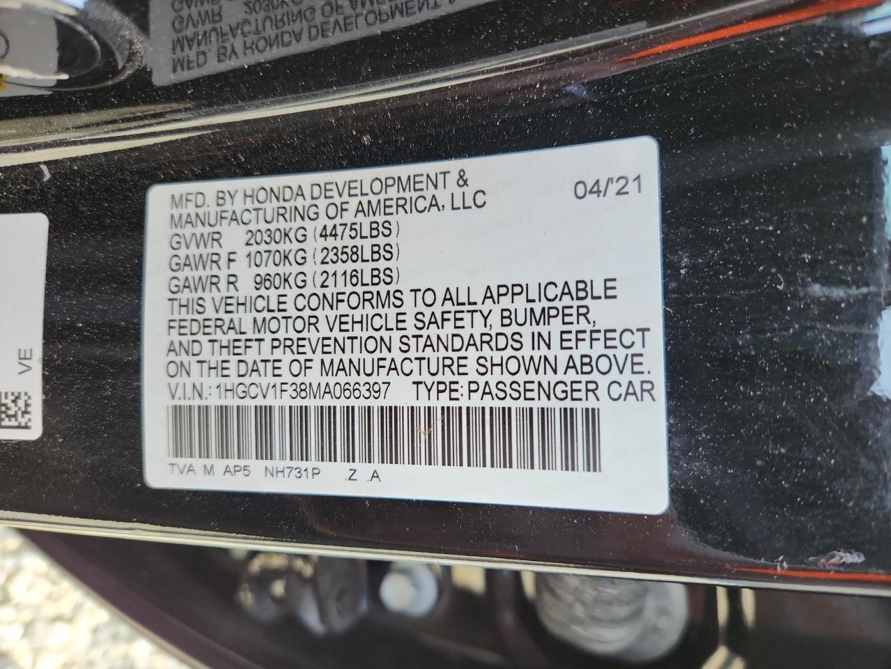 2021 Honda Accord Sport VIN: 1HGCV1F38MA066397 Lot: 62982305