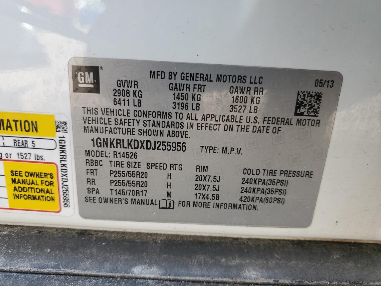 2013 Chevrolet Traverse Ltz VIN: 1GNKRLKDXDJ255956 Lot: 64569755