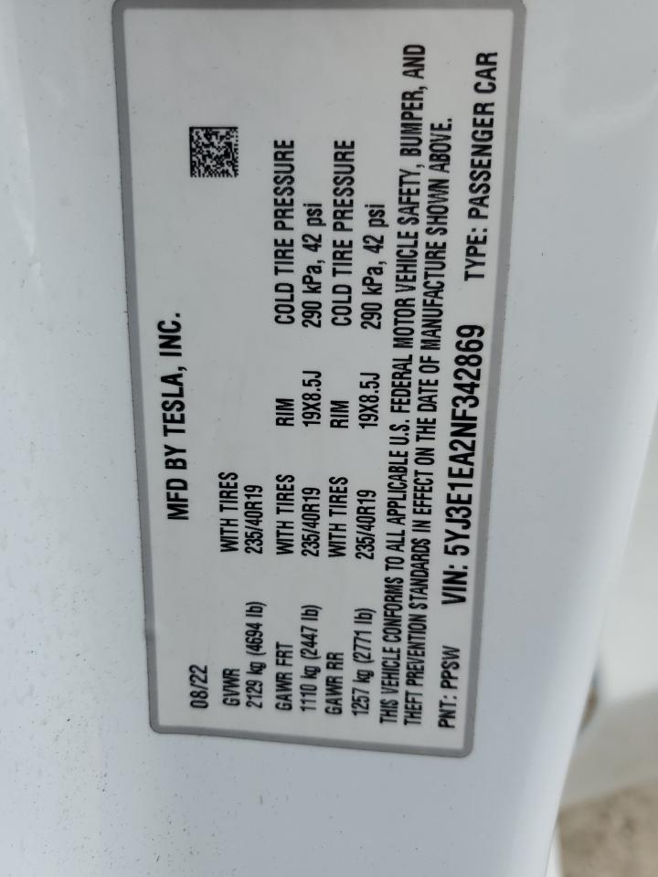 2022 Tesla Model 3 VIN: 5YJ3E1EA2NF342869 Lot: 64078195
