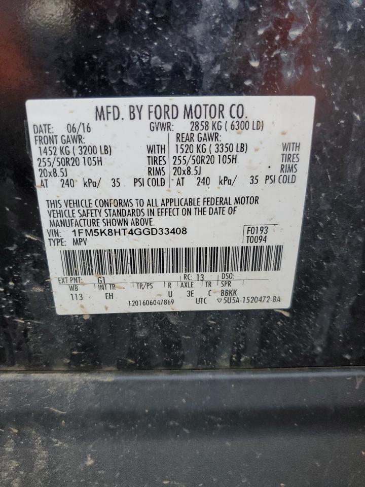 2016 Ford Explorer Platinum VIN: 1FM5K8HT4GGD33408 Lot: 65019395