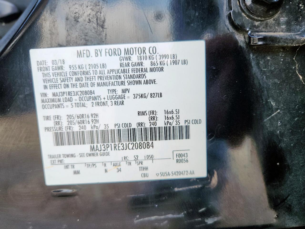 2018 Ford Ecosport S VIN: MAJ3P1RE3JC208084 Lot: 64904015