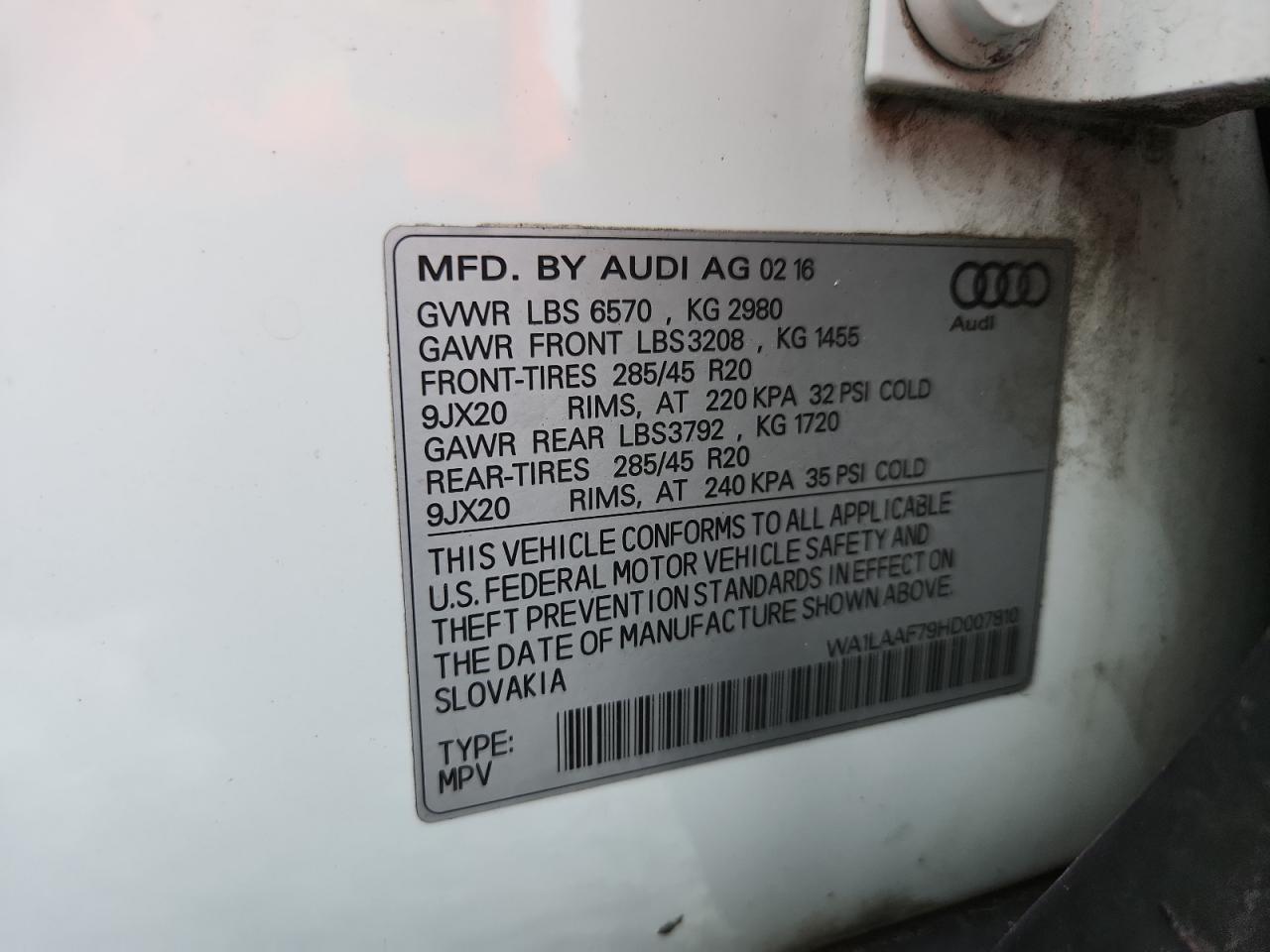 2017 Audi Q7 Premium Plus VIN: WA1LAAF79HD007810 Lot: 65116745