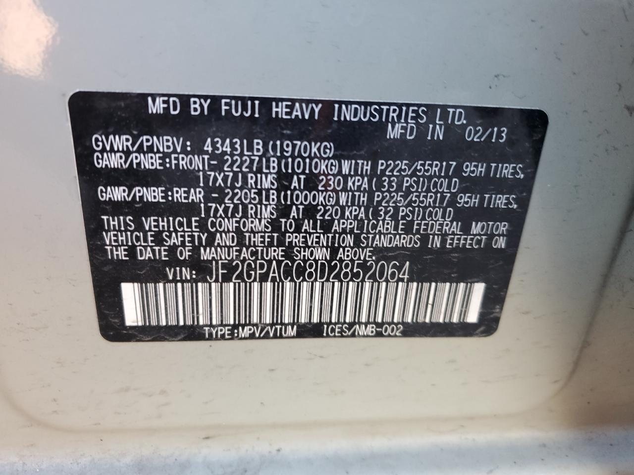 2013 Subaru Xv Crosstrek 2.0 Premium VIN: JF2GPACC8D2852064 Lot: 63054815