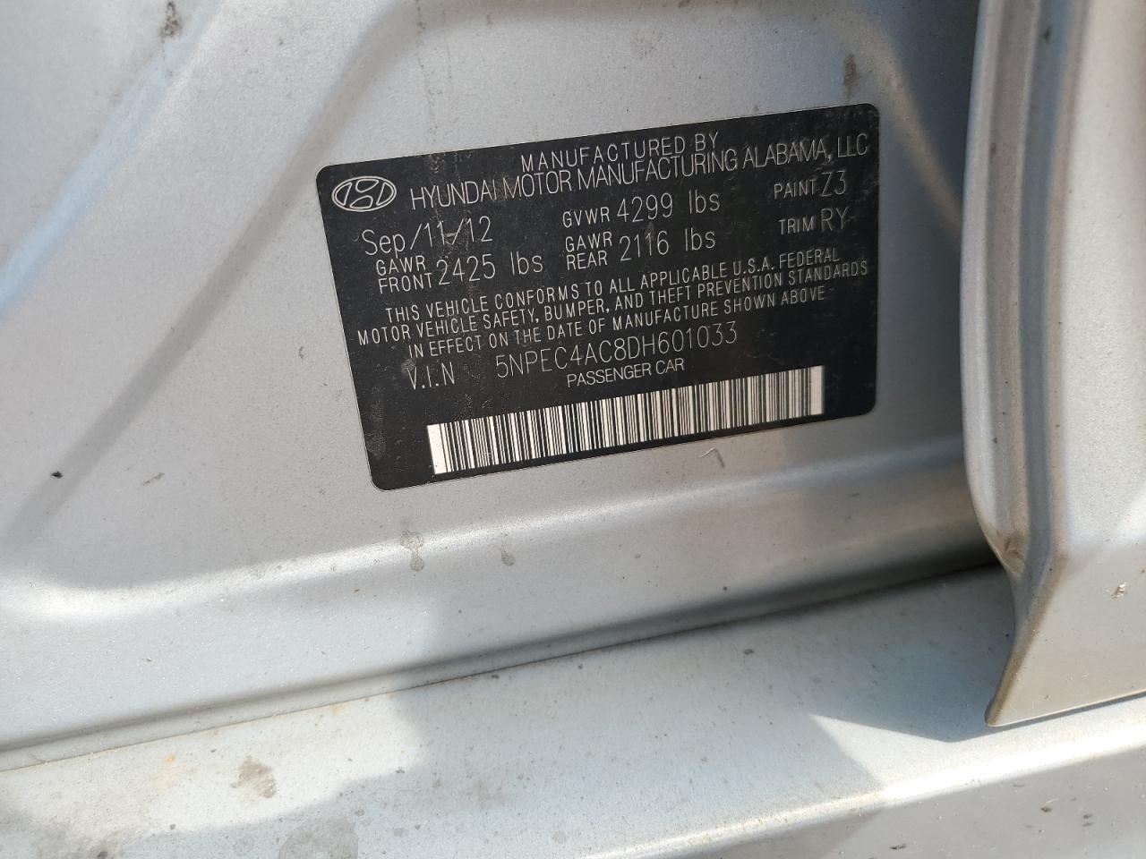 2013 Hyundai Sonata Se VIN: 5NPEC4AC8DH601033 Lot: 64586965