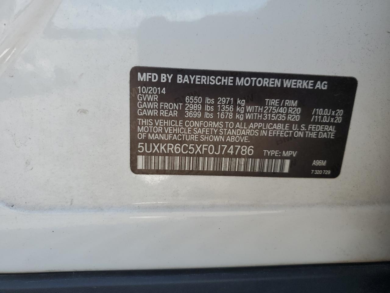 2015 BMW X5 xDrive50I VIN: 5UXKR6C5XF0J74786 Lot: 66507785