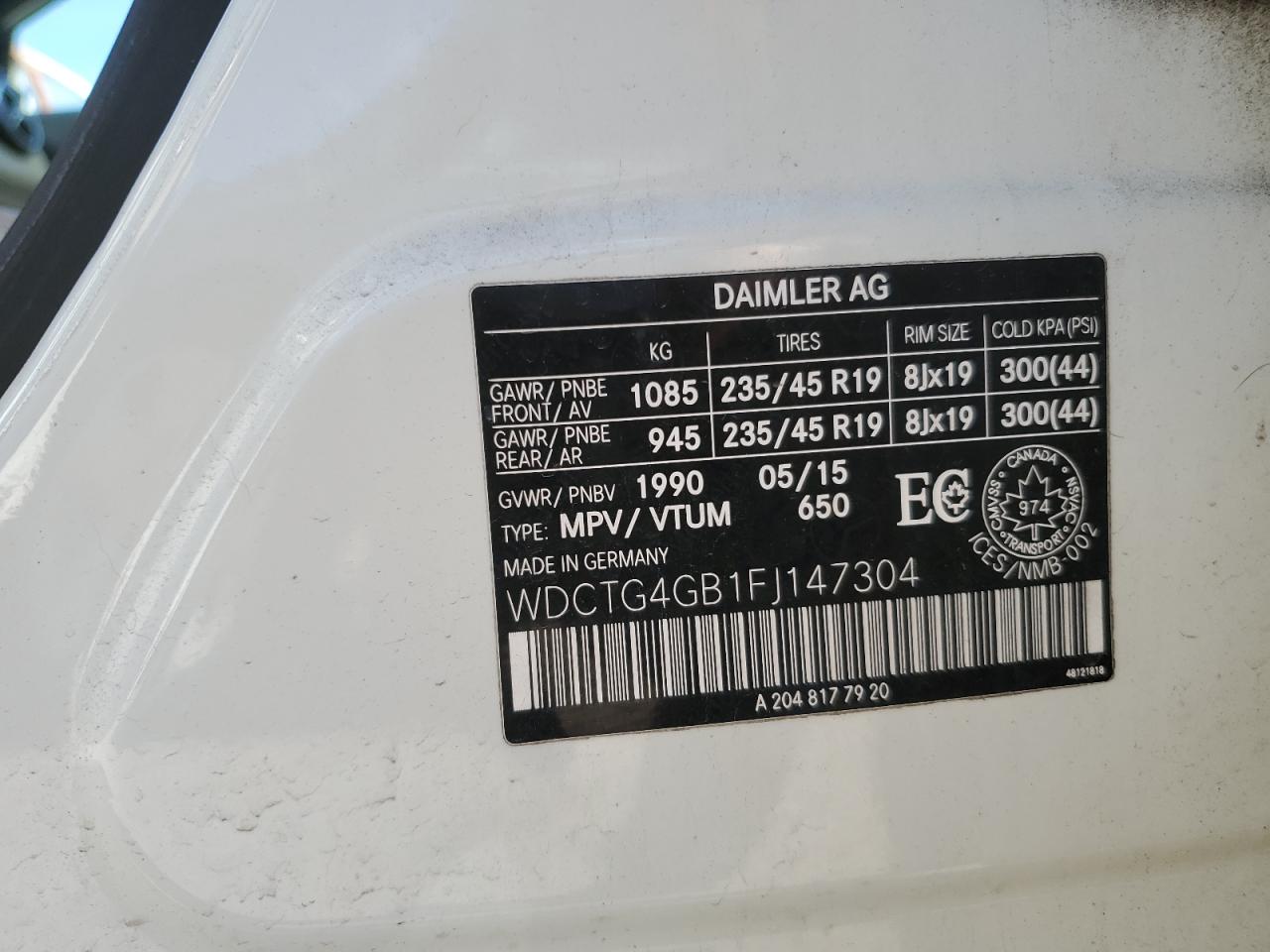 2015 Mercedes-Benz Gla 250 4Matic VIN: WDCTG4GB1FJ147304 Lot: 65554805