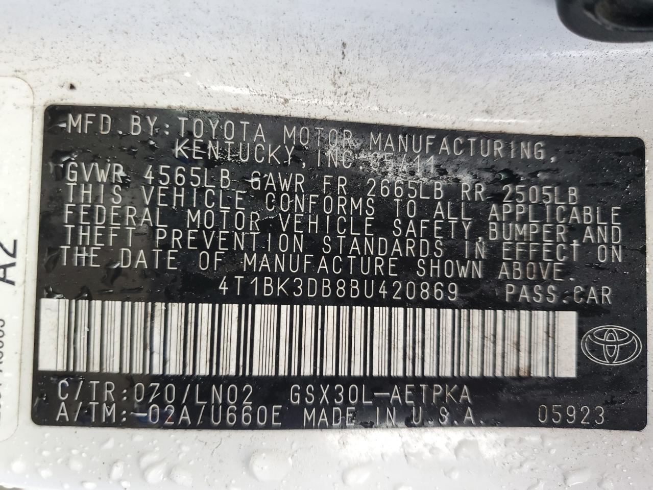 2011 Toyota Avalon Base VIN: 4T1BK3DB8BU420869 Lot: 63363955