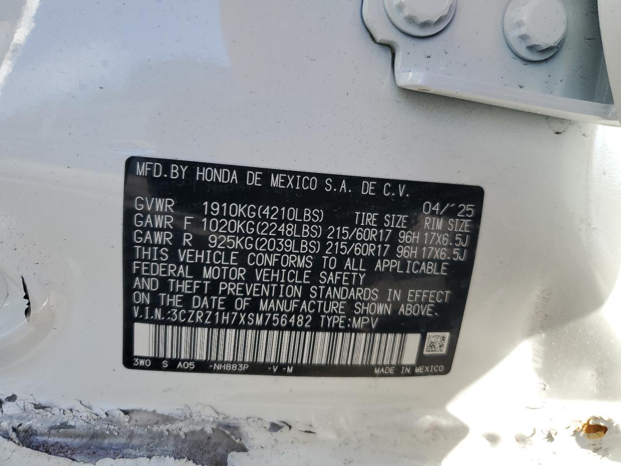 2025 Honda Hr-V Exl VIN: 3CZRZ1H7XSM756482 Lot: 65970235