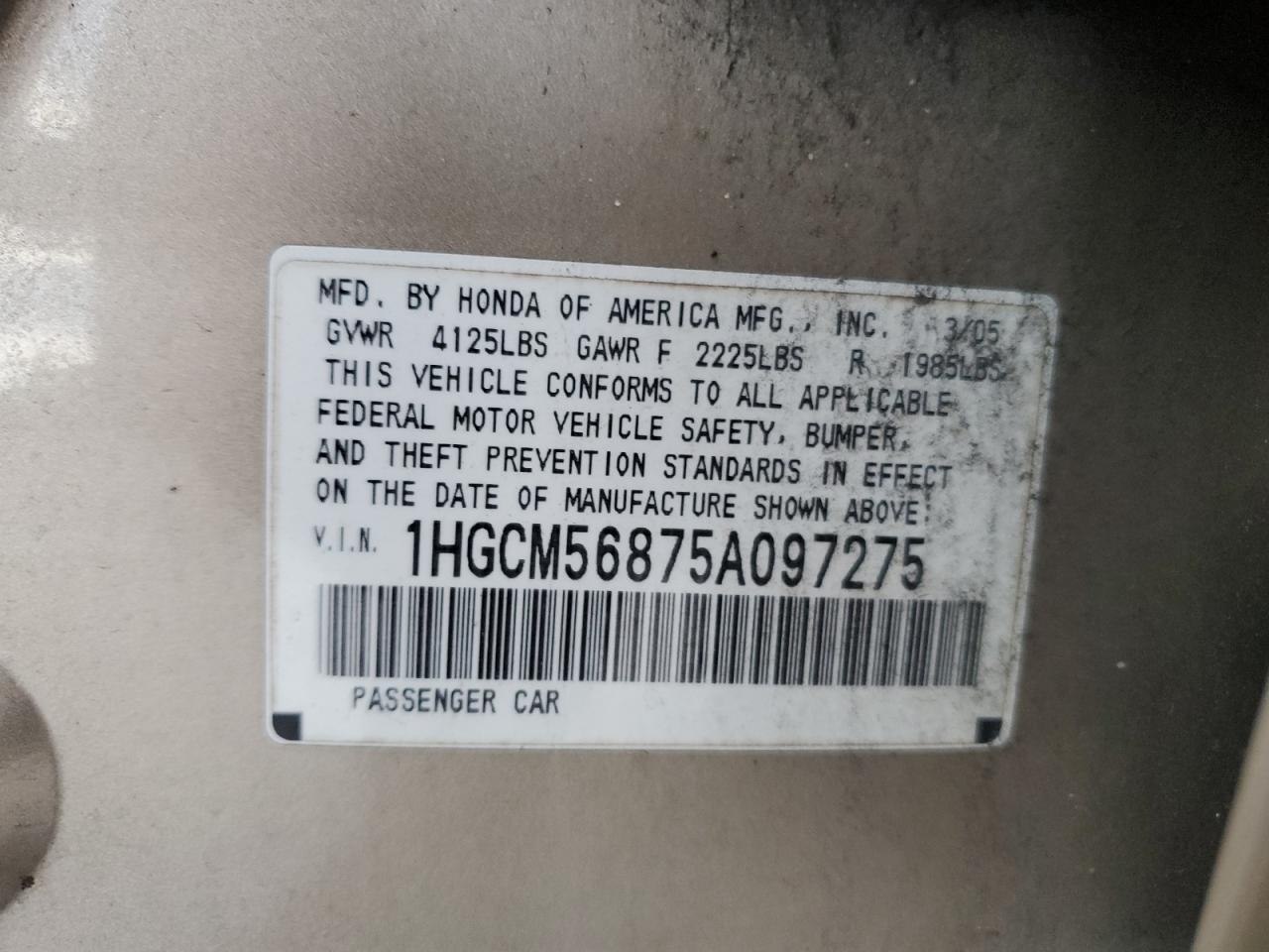 2005 Honda Accord Ex VIN: 1HGCM56875A097275 Lot: 64792235