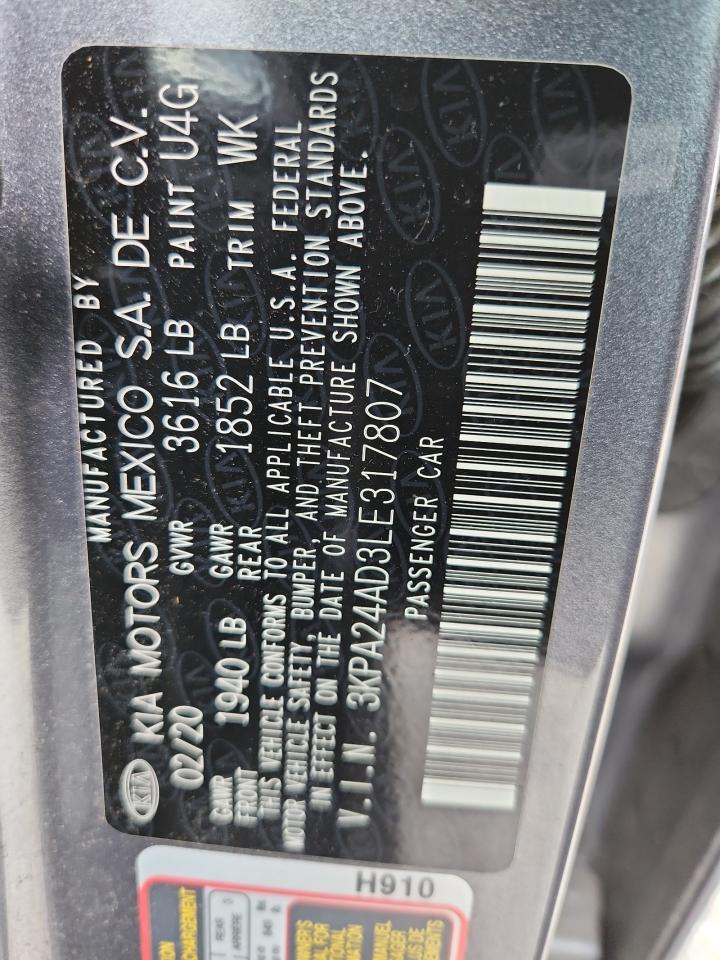 2020 Kia Rio Lx VIN: 3KPA24AD3LE317807 Lot: 64283445