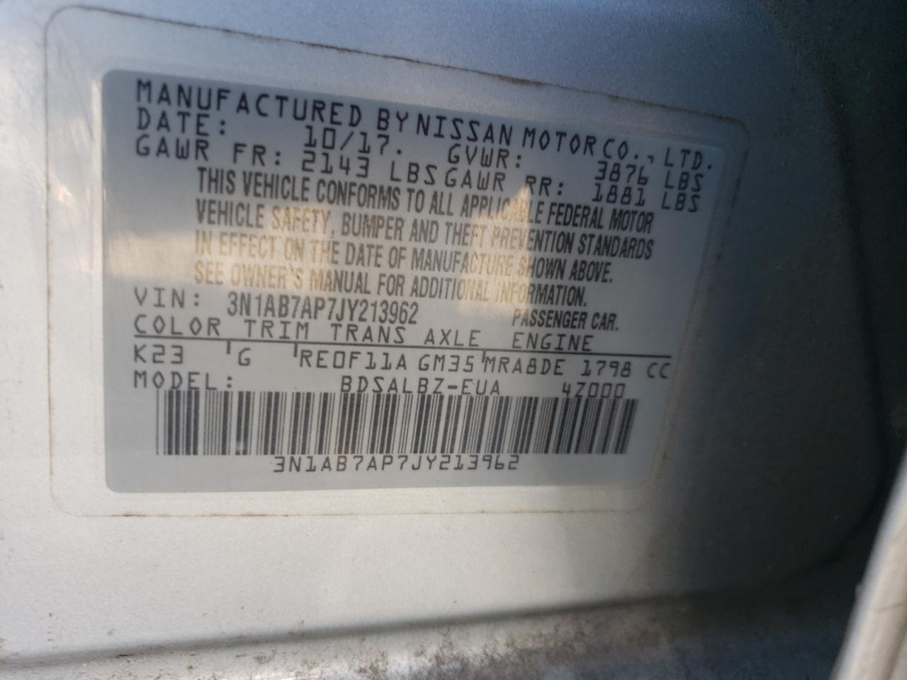 2018 Nissan Sentra S VIN: 3N1AB7AP7JY213962 Lot: 65242835