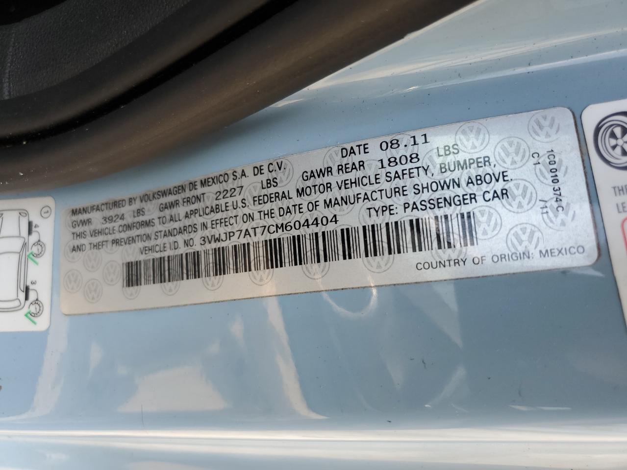 2012 Volkswagen Beetle VIN: 3VWJP7AT7CM604404 Lot: 63499985
