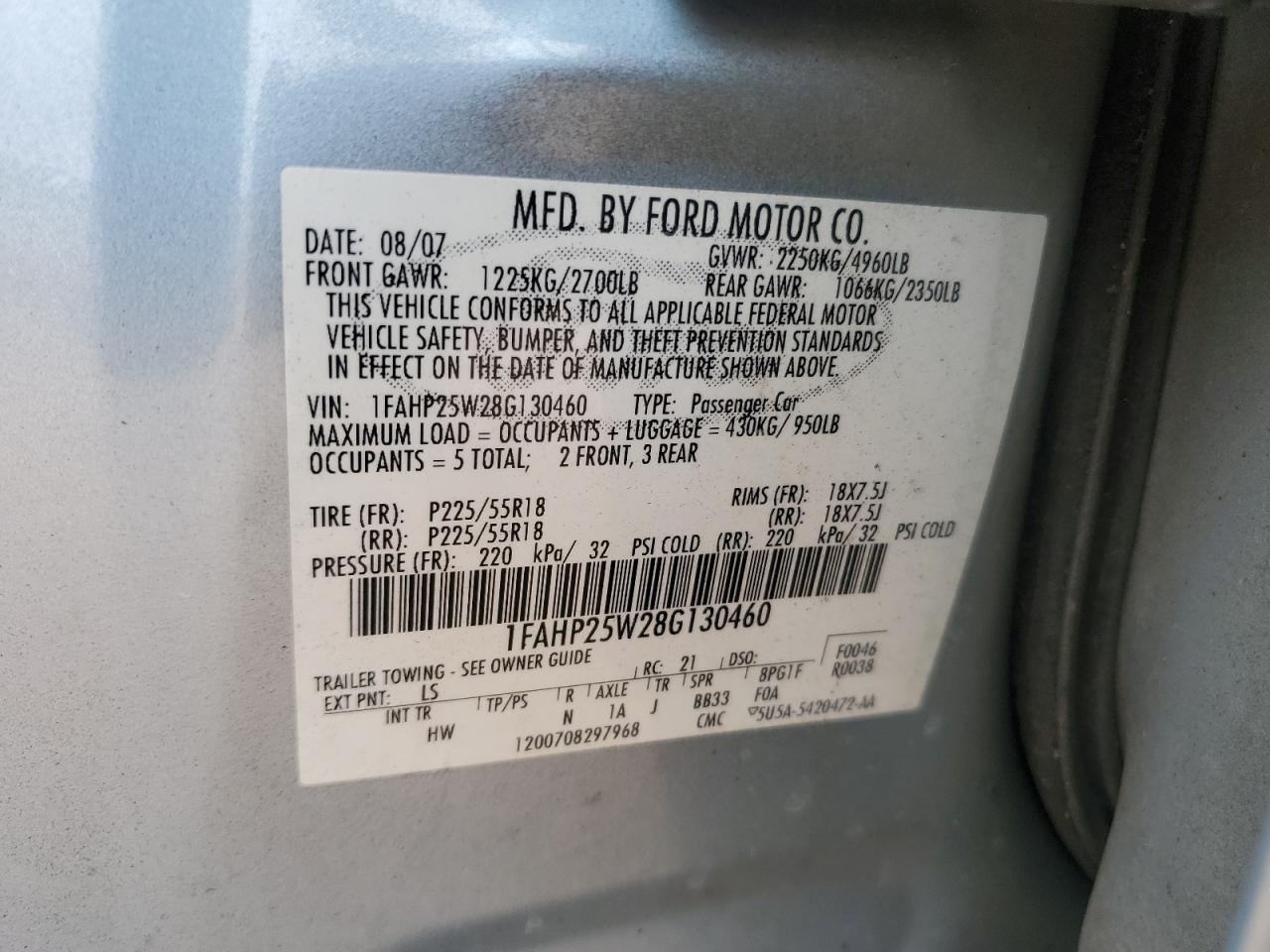 2008 Ford Taurus Limited VIN: 1FAHP25W28G130460 Lot: 64331435