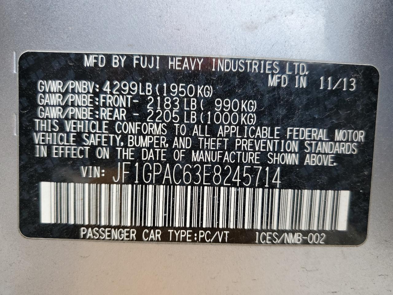 2014 Subaru Impreza Premium VIN: JF1GPAC63E8245714 Lot: 66219525