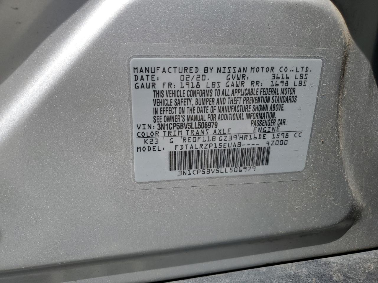 2020 Nissan Kicks S VIN: 3N1CP5BV5LL506979 Lot: 65061765