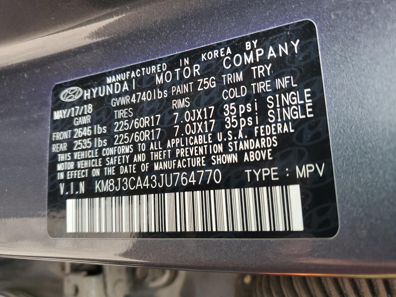 2018 Hyundai Tucson Sel VIN: KM8J3CA43JU764770 Lot: 64370655