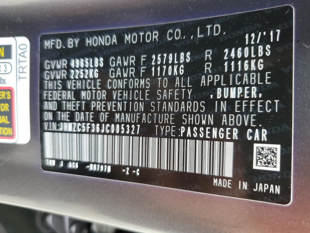 2018 Honda Clarity Touring VIN: JHMZC5F36JC005327 Lot: 65470065