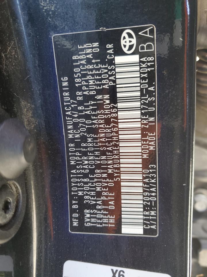 2017 Toyota Corolla L VIN: 5YFBURHE2HP677862 Lot: 64296605