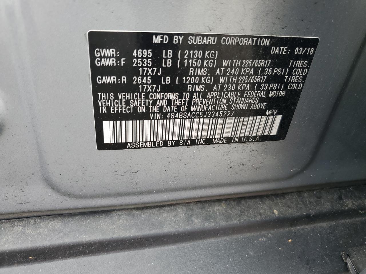 2018 Subaru Outback 2.5I Premium VIN: 4S4BSACC5J3345227 Lot: 63566165