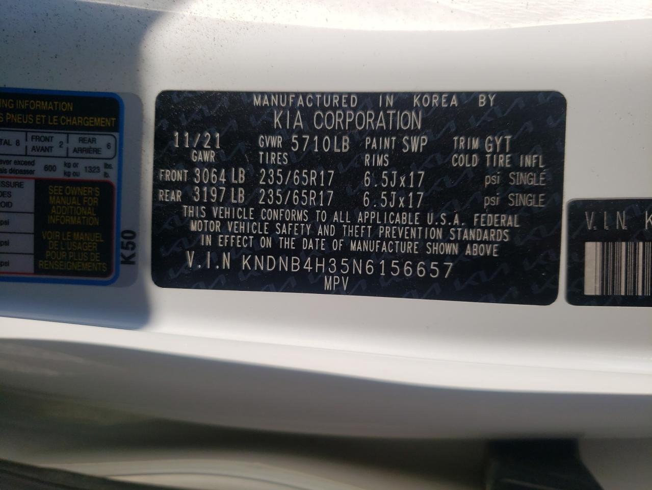 2022 Kia Carnival Lx VIN: KNDNB4H35N6156657 Lot: 63804545