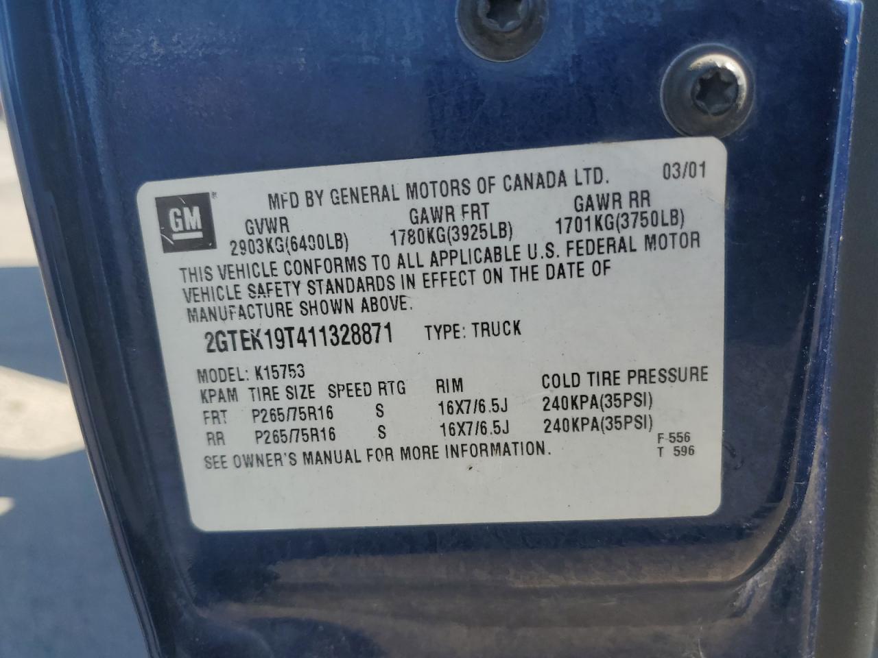 2001 GMC New Sierra K1500 VIN: 2GTEK19T411328871 Lot: 63165915