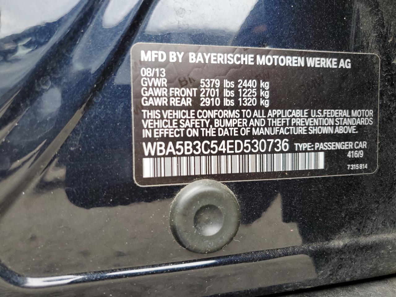 2014 BMW 535 Xi VIN: WBA5B3C54ED530736 Lot: 63863225