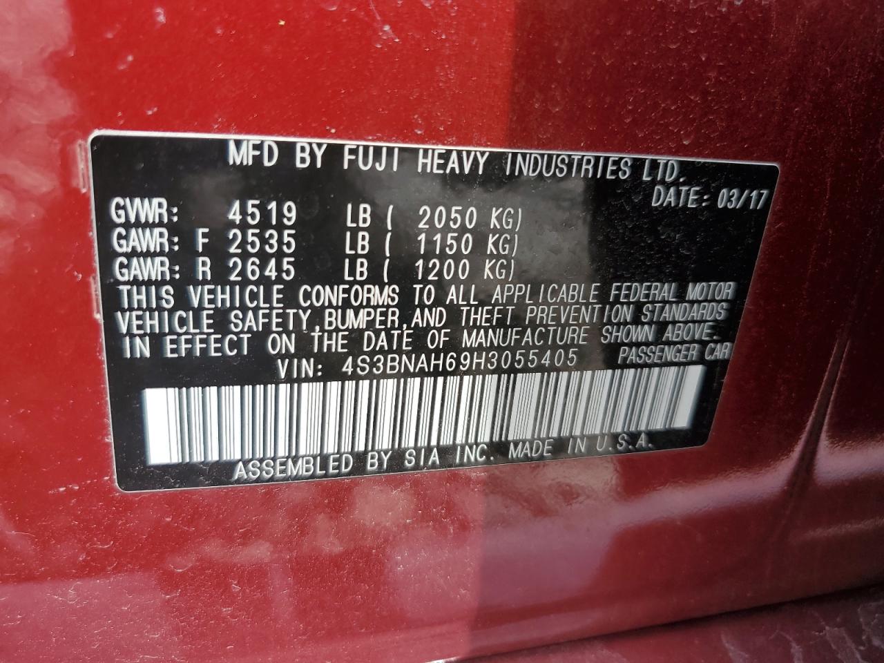 2017 Subaru Legacy 2.5I Premium VIN: 4S3BNAH69H3055405 Lot: 64672135