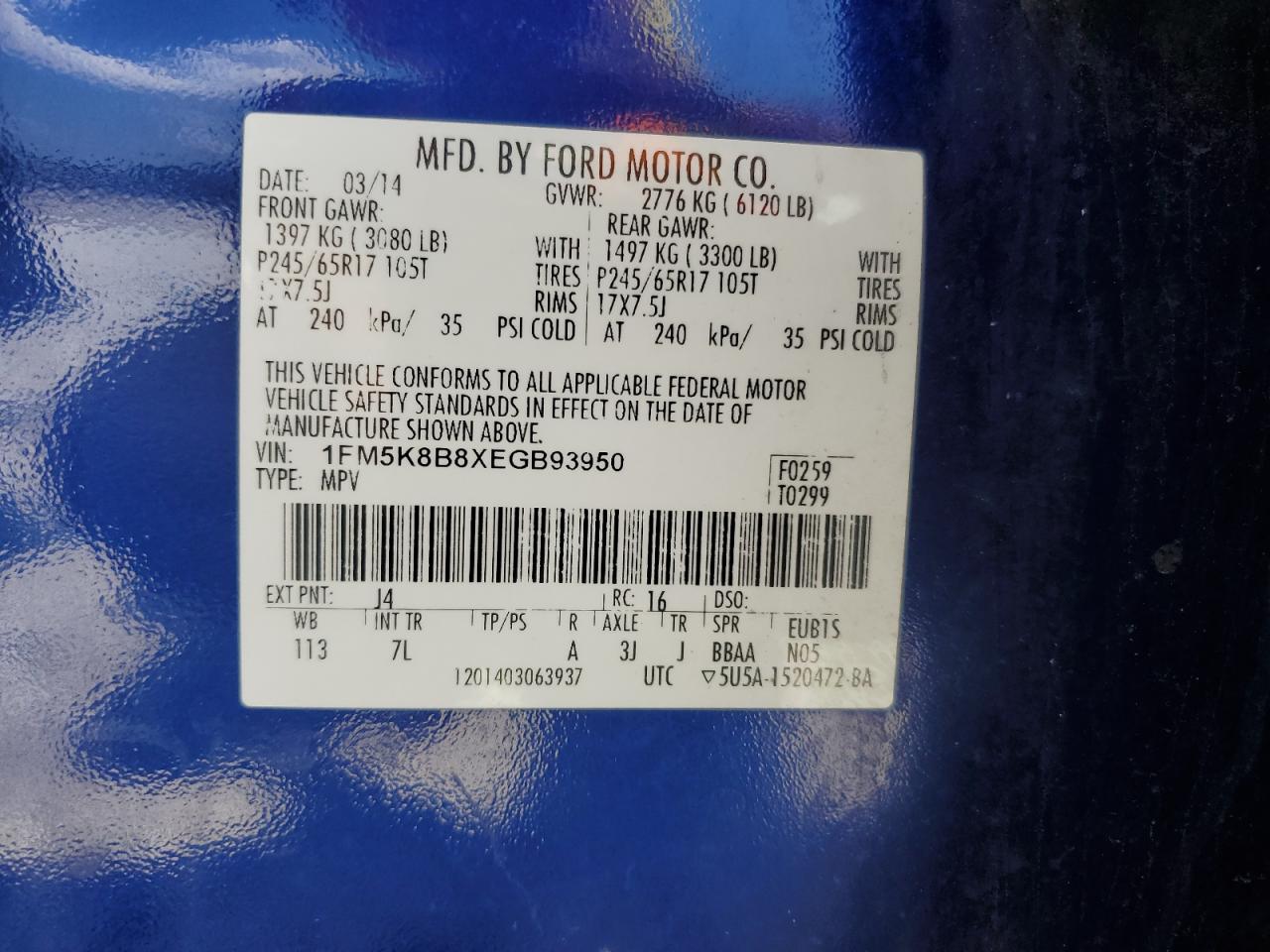 2014 Ford Explorer VIN: 1FM5K8B8XEGB93950 Lot: 64683415