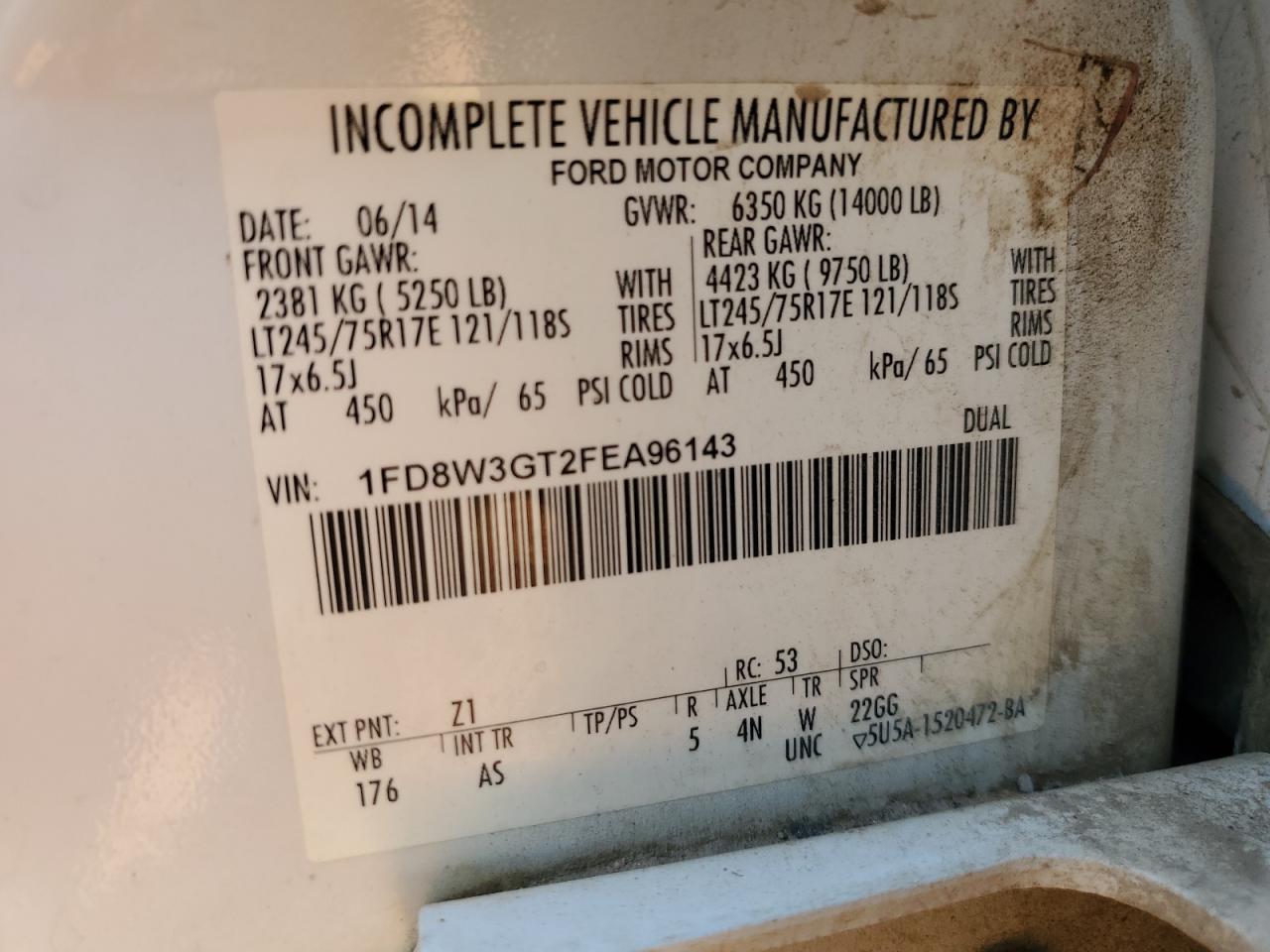 2015 Ford F350 Super Duty VIN: 1FD8W3GT2FEA96143 Lot: 63651435