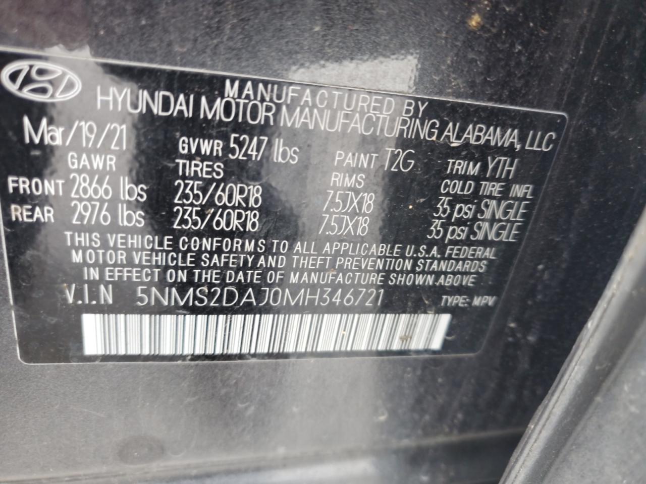2021 Hyundai Santa Fe Sel VIN: 5NMS2DAJ0MH346721 Lot: 64596705