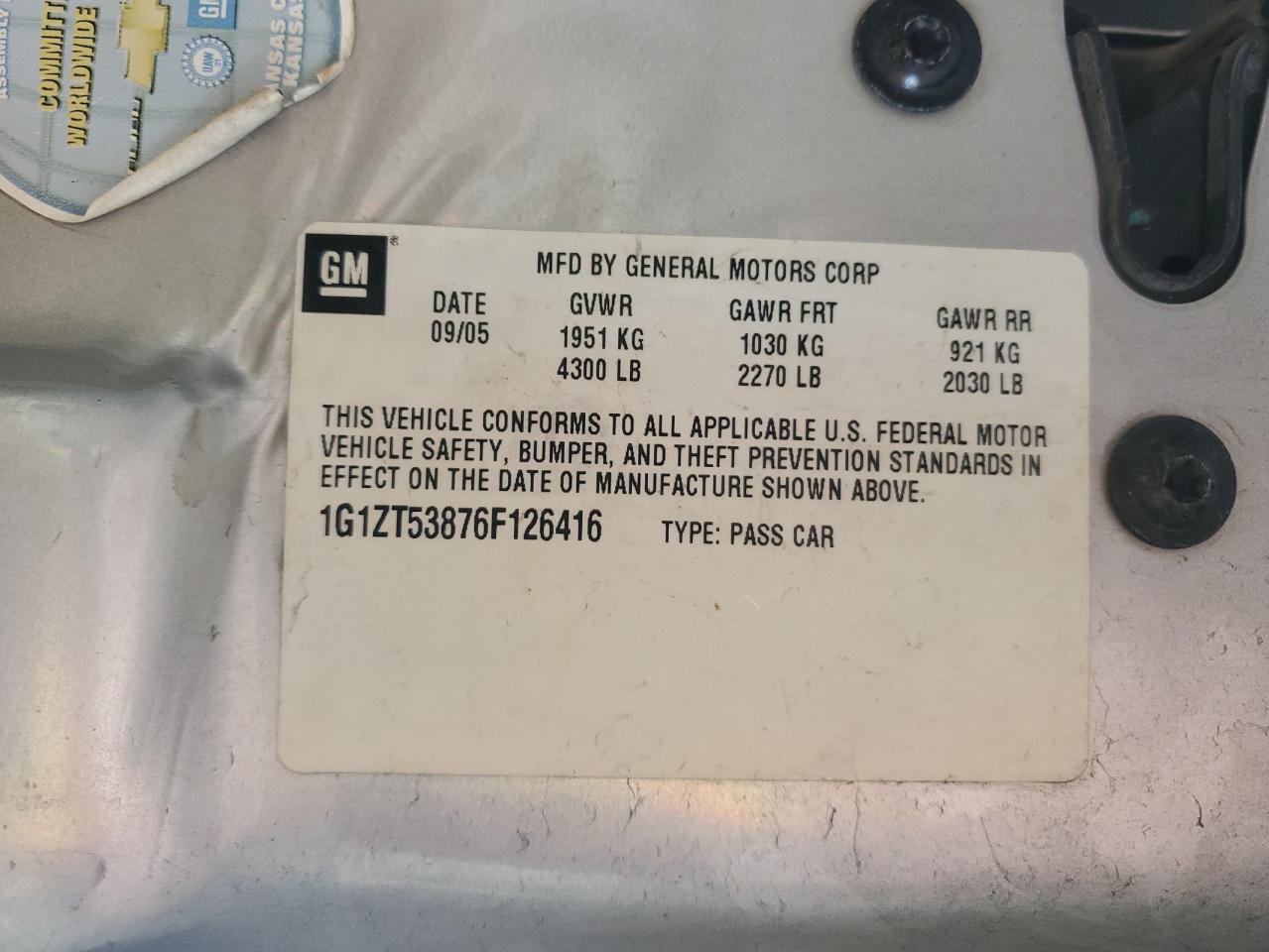 2006 Chevrolet Malibu Lt VIN: 1G1ZT53876F126416 Lot: 66957315