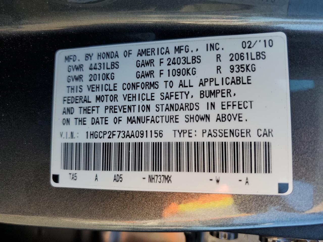 2010 Honda Accord Ex VIN: 1HGCP2F73AA091156 Lot: 66357505