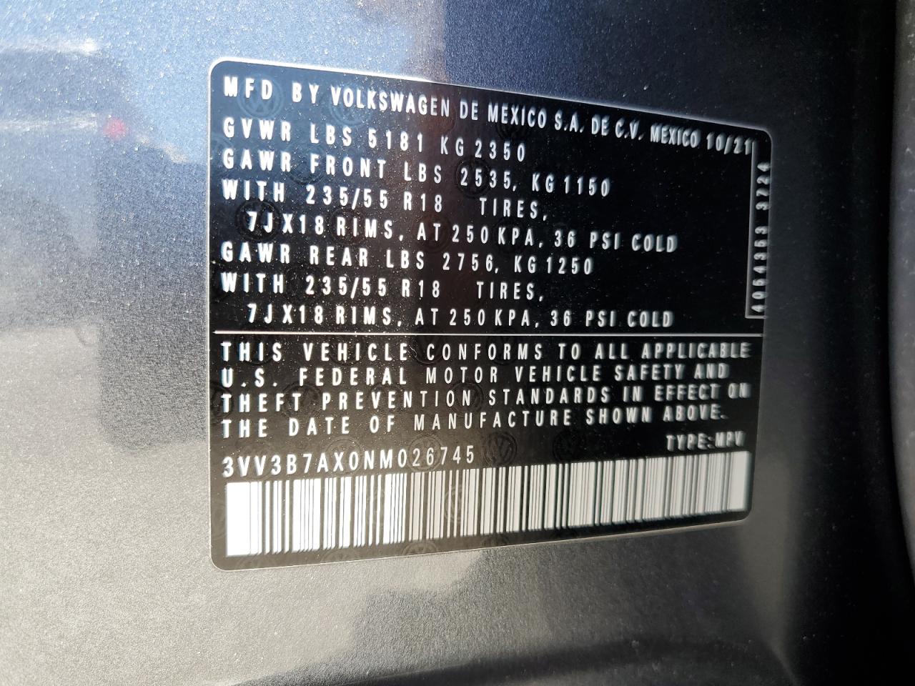 2022 Volkswagen Tiguan Se VIN: 3VV3B7AX0NM026745 Lot: 64128225