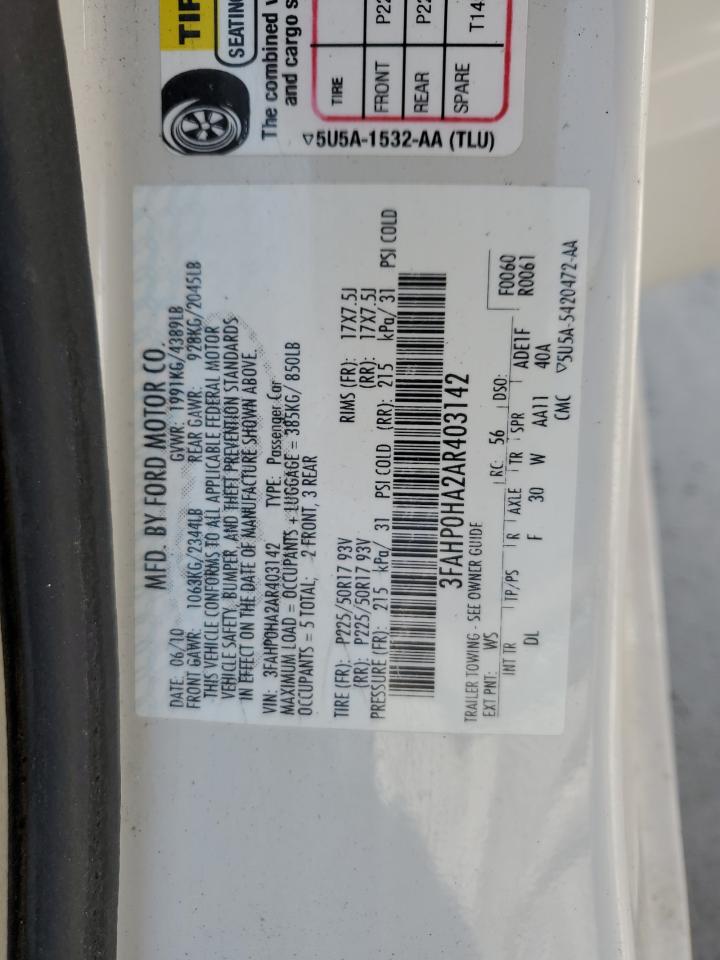 2010 Ford Fusion Se VIN: 3FAHP0HA2AR403142 Lot: 65184365