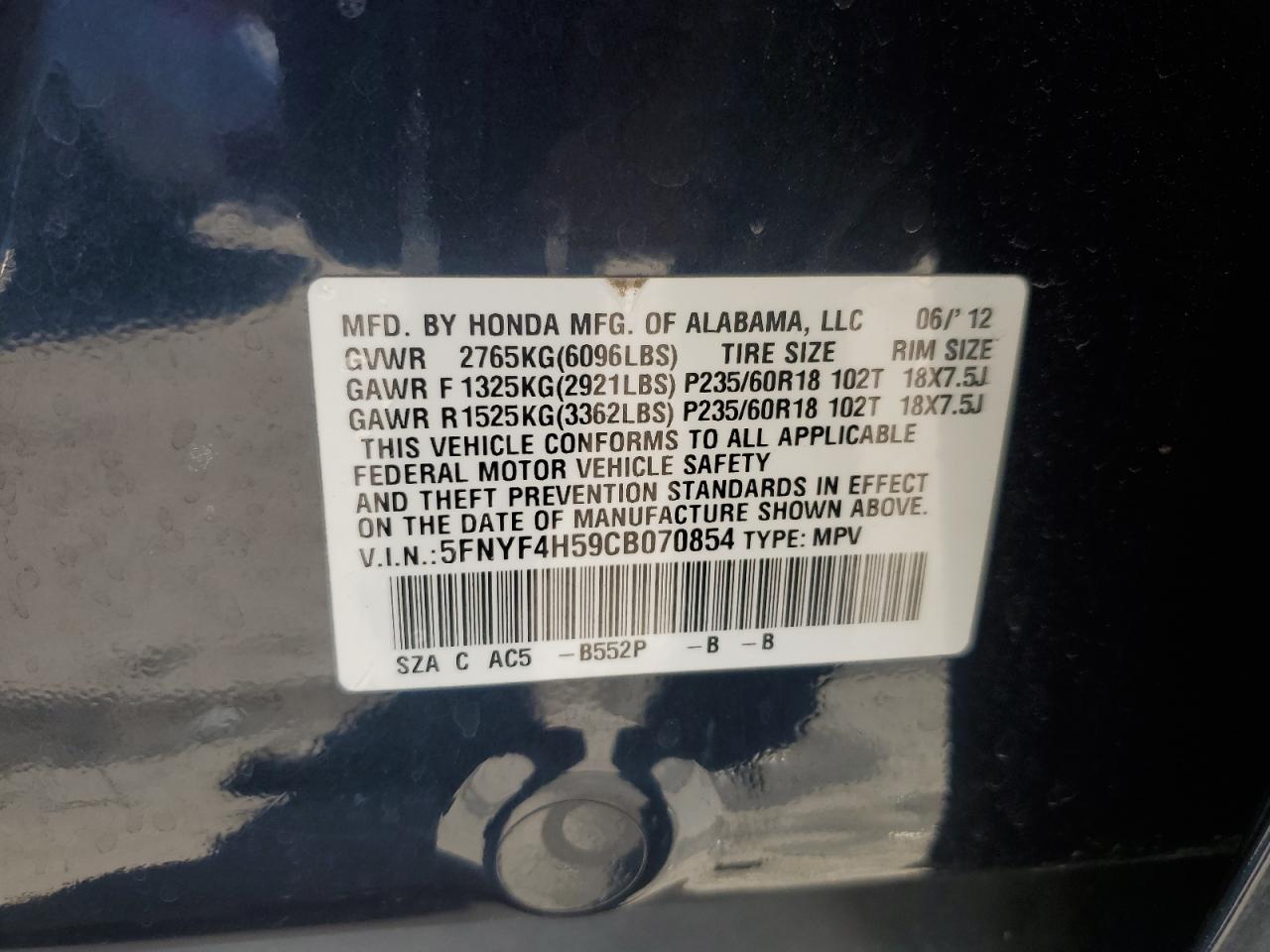2012 Honda Pilot Exl VIN: 5FNYF4H59CB070854 Lot: 64054235