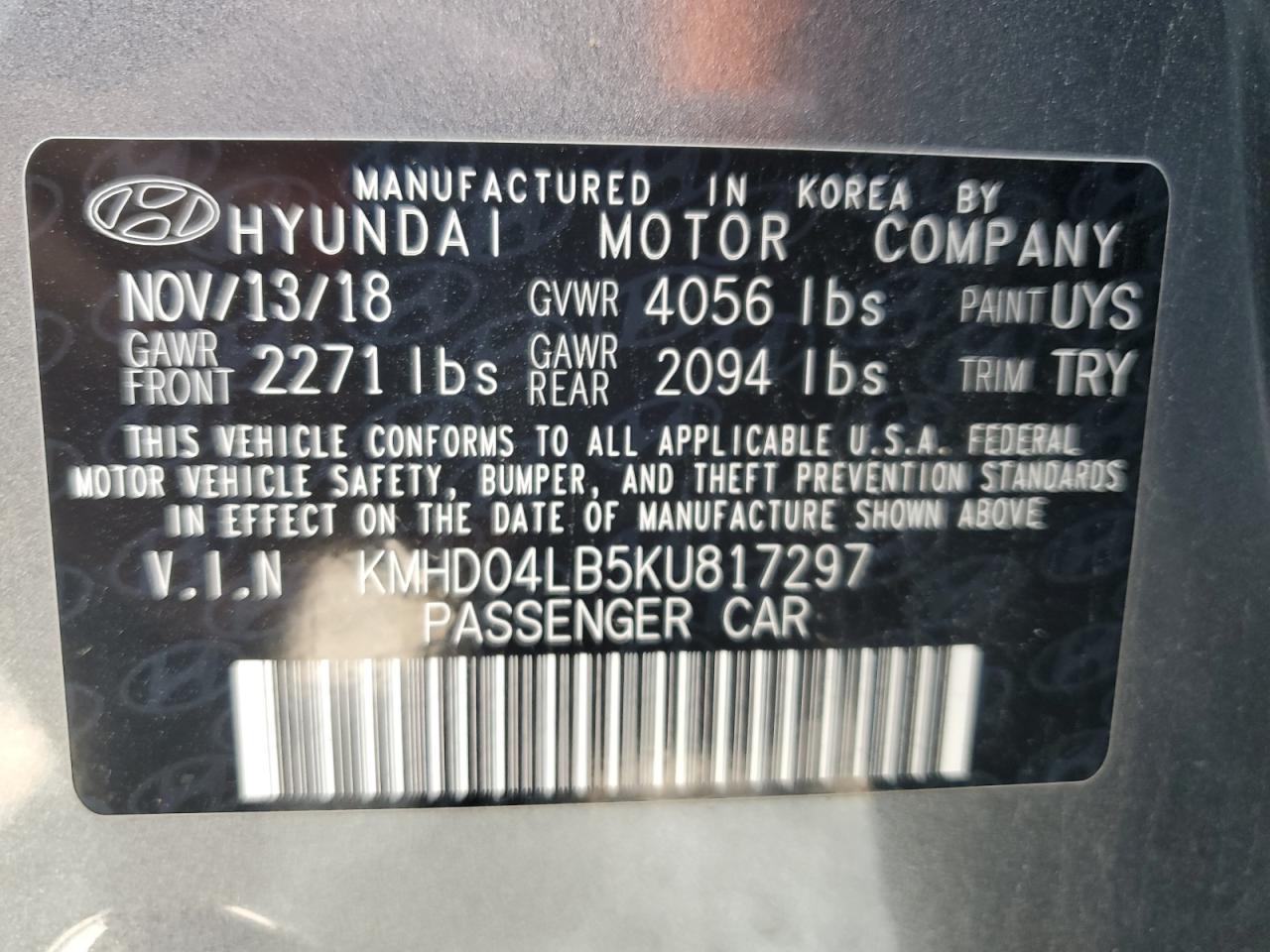 2019 Hyundai Elantra Sport VIN: KMHD04LB5KU817297 Lot: 64502685