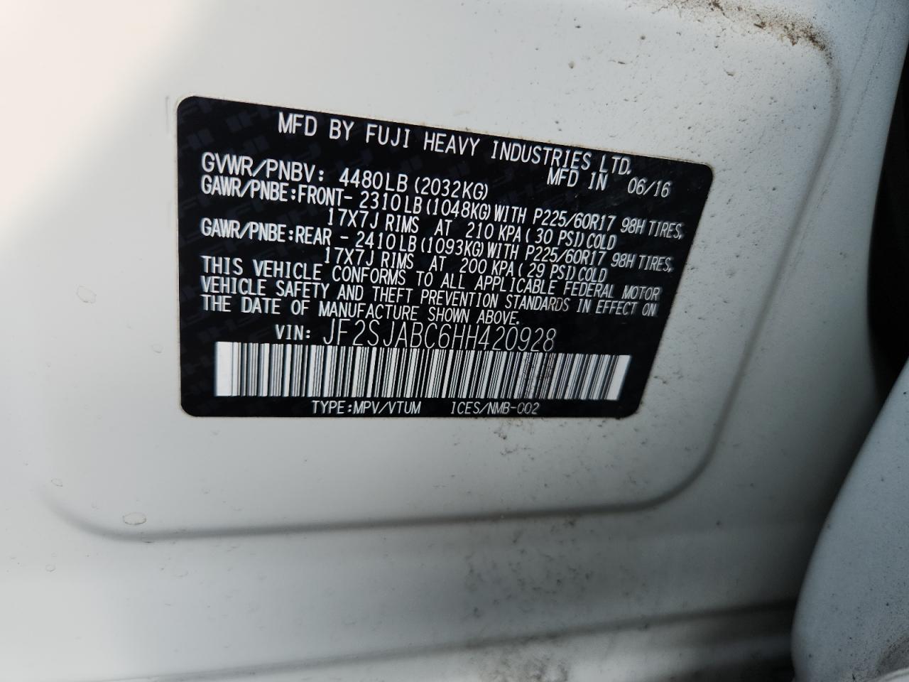 2017 Subaru Forester 2.5I VIN: JF2SJABC6HH420928 Lot: 63586525