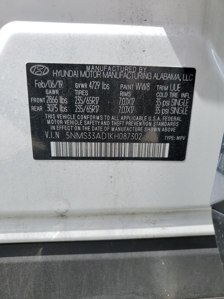 2019 Hyundai Santa Fe Sel VIN: 5NMS33AD1KH087302 Lot: 65265015
