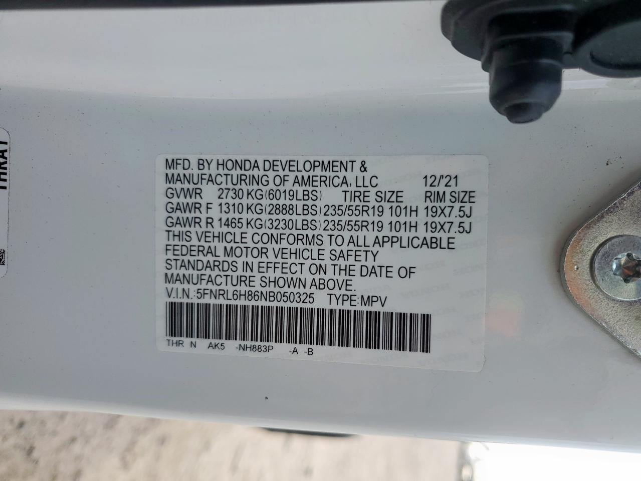 2022 Honda Odyssey Touring VIN: 5FNRL6H86NB050325 Lot: 63619115